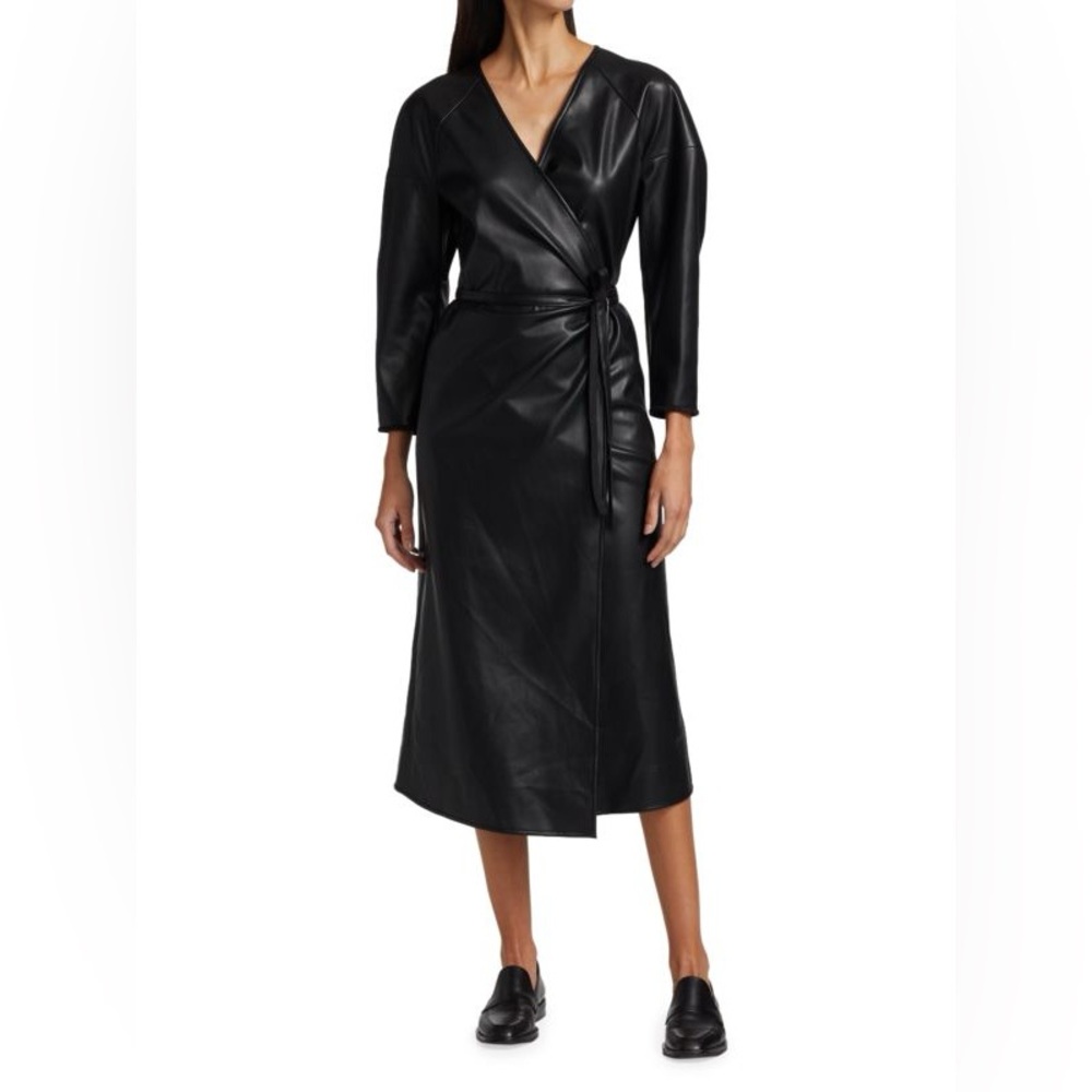 Proenza Shuler White Label Faux Leather Wrap Black Midi Dress, size 12